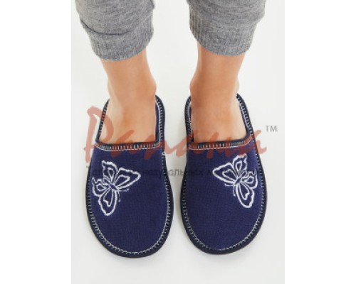 Домашняя обувь женская махра синяя, вышивка "Бабочка" 502053