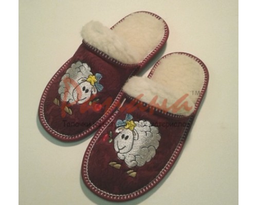 Домашняя обувь женская жаккард бордовый, мех трикотажный, вышивка "Овечка" 501073