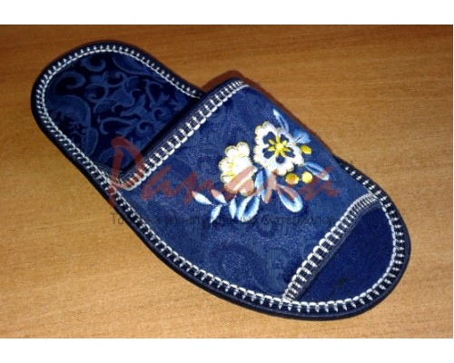 Домашняя обувь женская жаккард синий, вышивка "Белый цветок" 513030