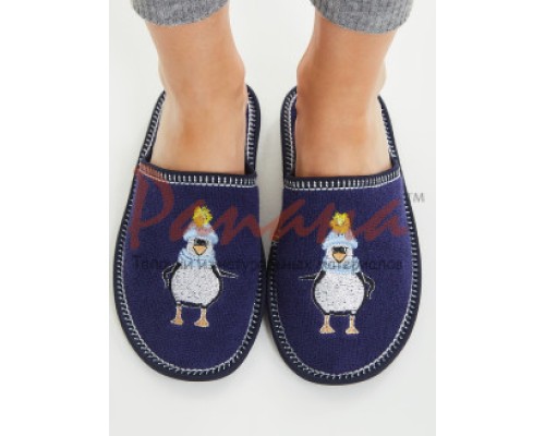  Домашняя обувь женская махра синяя, вышивка "Пингвин" 502001