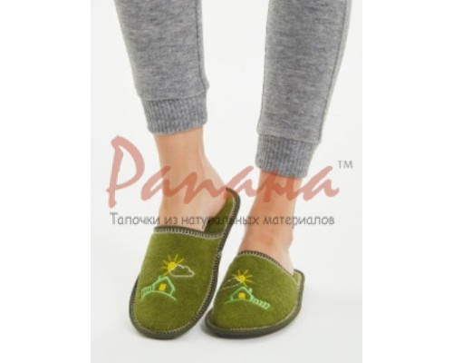  Домашняя обувь женская махра зеленая, вышивка "Домик" 502044