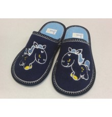 Домашняя обувь детская, махра синяя, вышивка "Лошадка" 202005