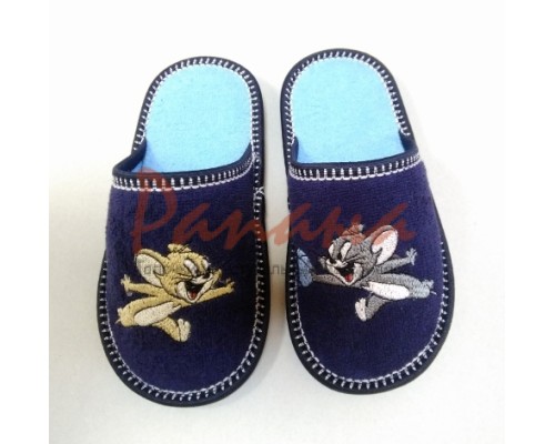  Домашняя обувь детская, махра синяя, вышивка "Мышата" 302010
