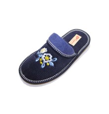 Домашняя обувь женская вельвет синий, вышивка "Белый Цветок" 501024