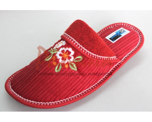 Домашняя обувь женская красный вельвет, вышивка "Белый Цветок" 501050