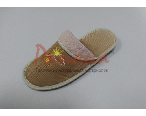 Домашняя обувь женская вельвет бежевый, вышивка "Домик" 501066