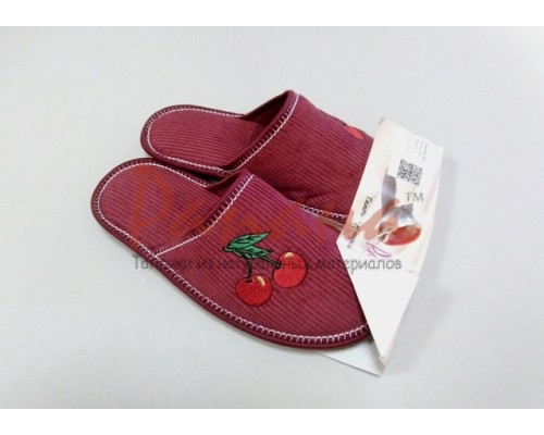  Домашняя обувь женская вельвет бордовый, вышивка "Вишенки" 502007