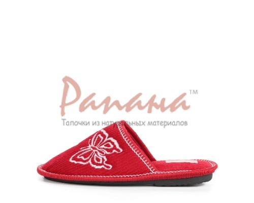 Домашняя обувь женская вельвет красный, вышивка "Бабочка" 502013