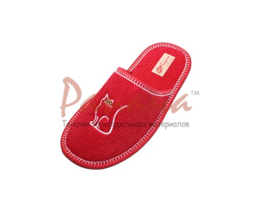  Домашняя обувь женская вельвет красный, вышивка "Кошка" 502019