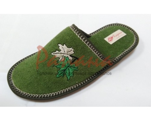 Домашняя обувь женская махра зеленая, вышивка "Кленовые листочки" 502021
