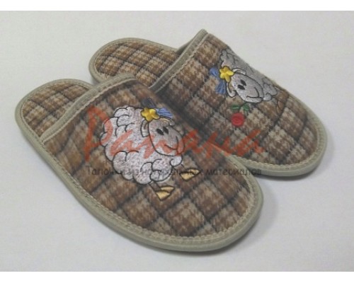 Домашняя обувь женская шерсть бежевая клетка, вышивка "Овечка" 502071