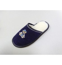 Домашняя обувь женская махра синяя, мех трикотажный, вышивка "Мишка" 502086