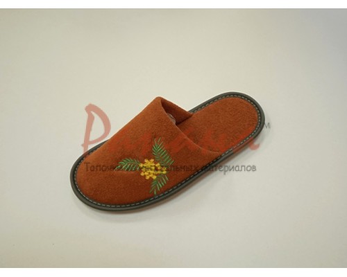 Домашняя обувь женская махра коричневая, вышивка "Мимоза" 503019