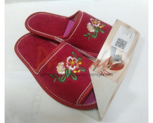 Домашняя обувь женская махра красная, вышивка "Белый Цветок" 513041