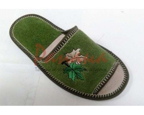 Домашняя обувь женская махра зеленая, вышивка "Кленовый листочек" 513069