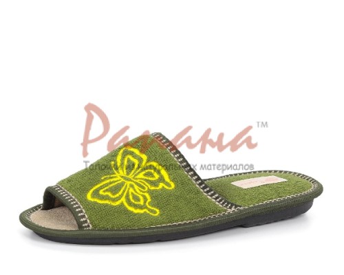 Домашняя обувь женская махра зеленая, вышивка "Бабочка" 513088