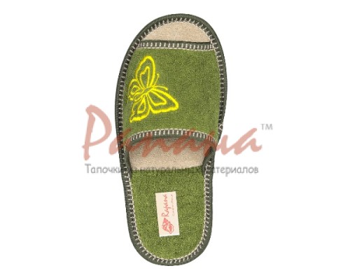 Домашняя обувь женская махра зеленая, вышивка "Бабочка" 513088