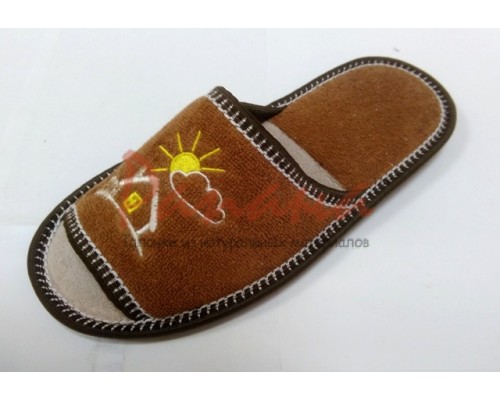 Домашняя обувь женская махра коричневая, вышивка "Домик" 513097