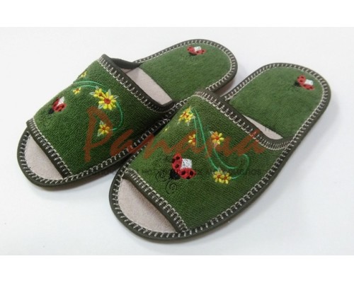 Домашняя обувь женская махра зеленая, вышивка "Летний мотив" 513159