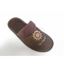 Домашняя обувь мужская вельвет коричневый, вышивка "Штурвал" 701015