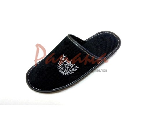 Домашняя обувь мужская вельвет черный, вышивка "Герб с веточкой" 704022