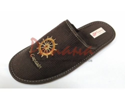 Домашняя обувь мужская вельвет коричневый, вышивка "Штурвал" 704030
