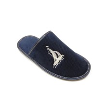 Домашняя обувь мужская вельвет синий, вышивка "Парусник" 704032