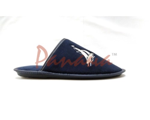 Домашняя обувь мужская вельвет синий, вышивка "Парусник" 704032