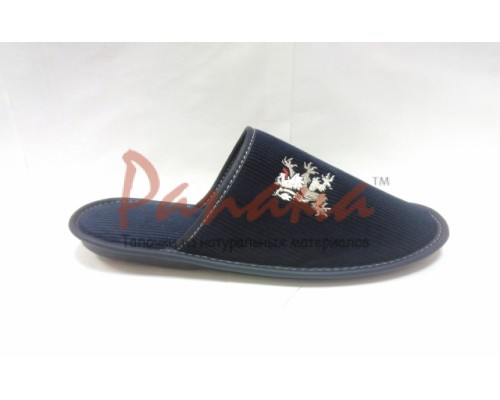 Домашняя обувь мужская вельвет синий, вышивка "ЛЕВ" 704066
