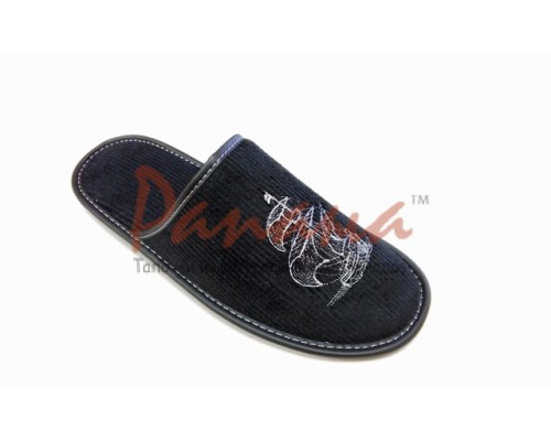 Домашняя обувь мужская вельвет черный, вышивка "Парусник" 704072