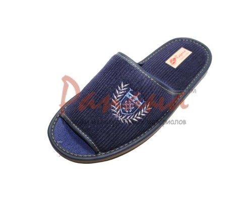 Домашняя обувь мужская вельвет синий, вышивка "Герб" 713014