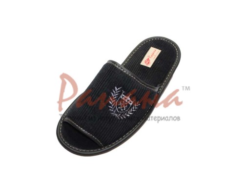 Домашняя обувь мужская вельвет черный, вышивка "Герб с веточкой" 713015