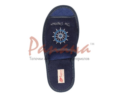 Домашняя обувь мужская вельвет синий, вышивка "Штурвал" 713030