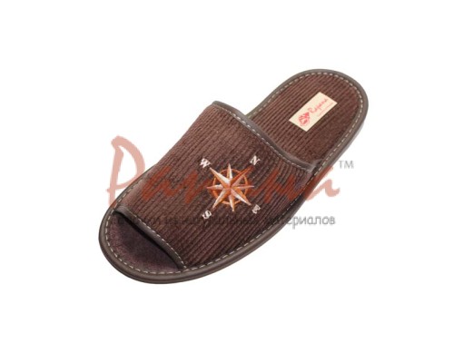 Домашняя обувь мужская вельвет коричневый, вышивка "Компас" 713035