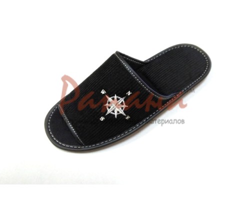 Домашняя обувь мужская вельвет черный, вышивка "Компас" 713036