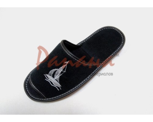 Домашняя обувь мужская вельвет черный, вышивка "Парусник" 713047