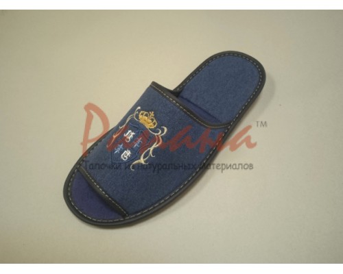 Домашняя обувь мужская джинса синяя, вышивка "Герб" 713068
