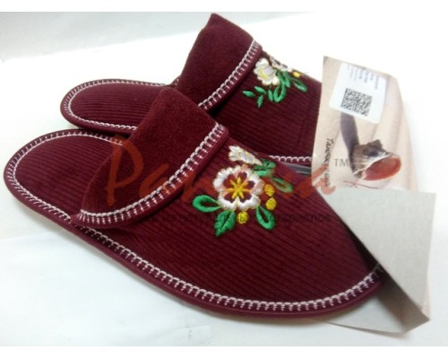 Домашняя обувь женская вельвет бордовый, вышивка "Белый Цветок" 501063